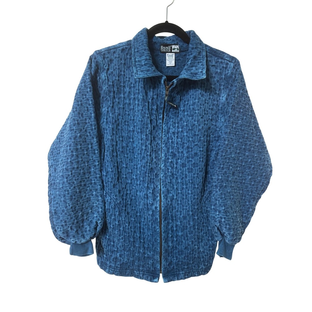 Vintage Ezze Wear Outdoors Blue Crinkle Textured 100% Cotton Full Zip Jacket